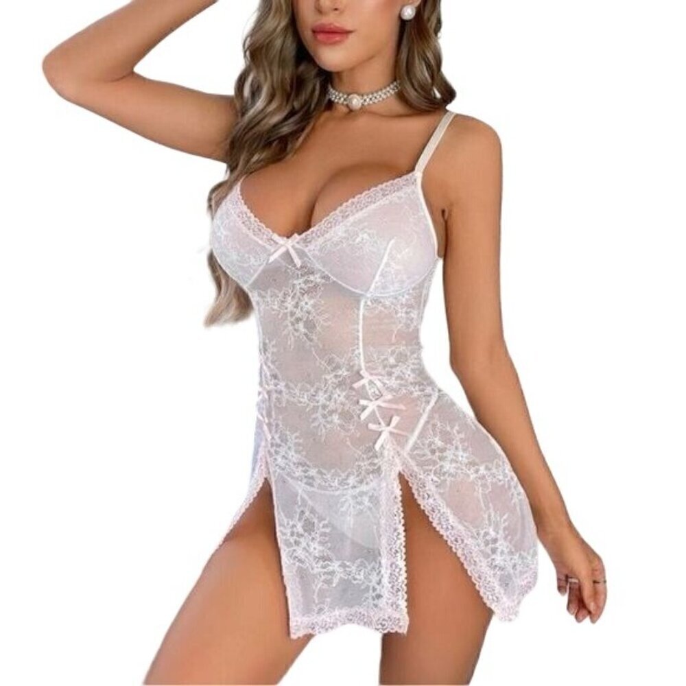 White Floral Bow Detail Slips With Thong